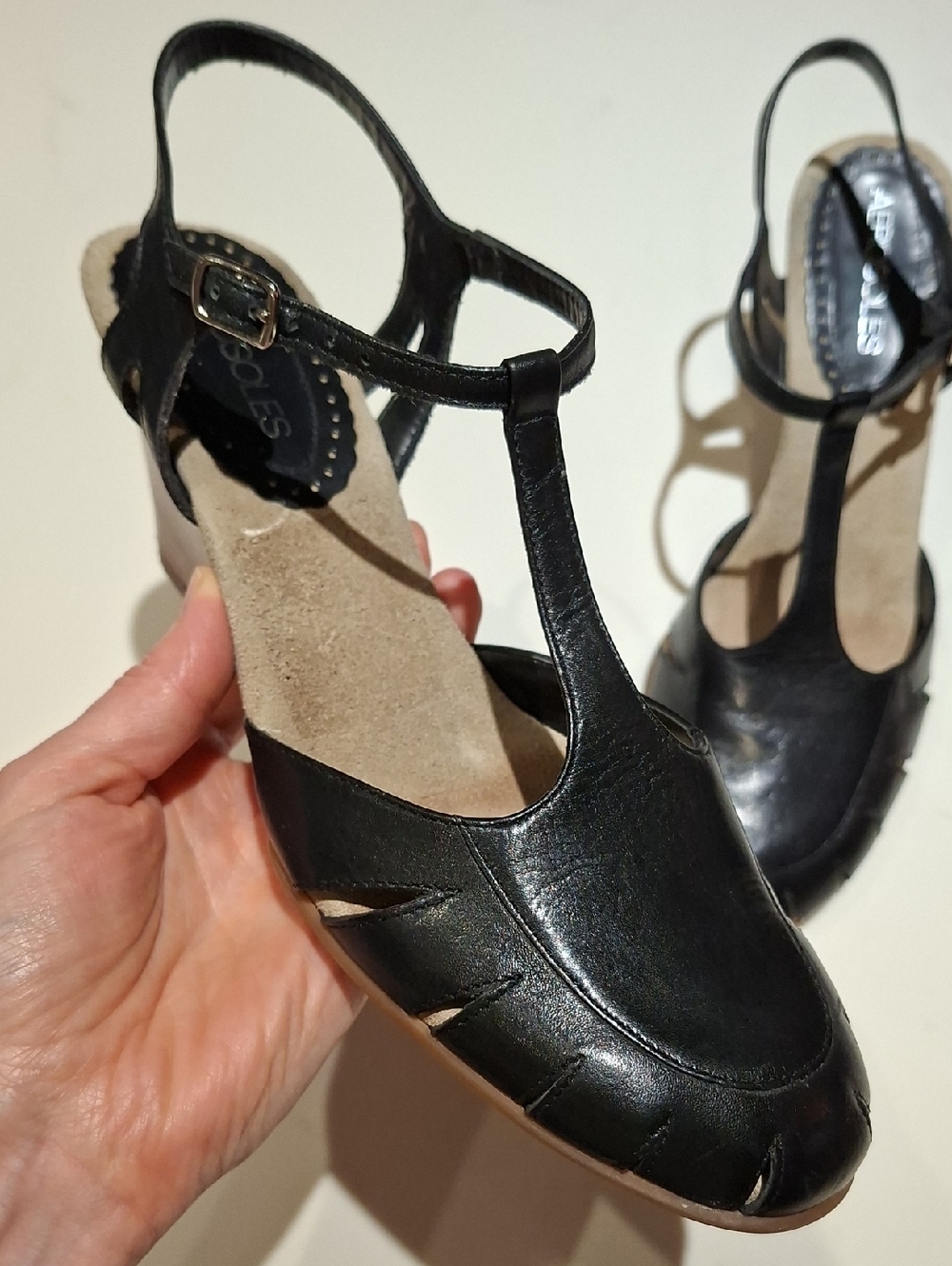 Black Leather T-strap Mary Janes with Stacked Wooden Wedge Heel (Size 8)